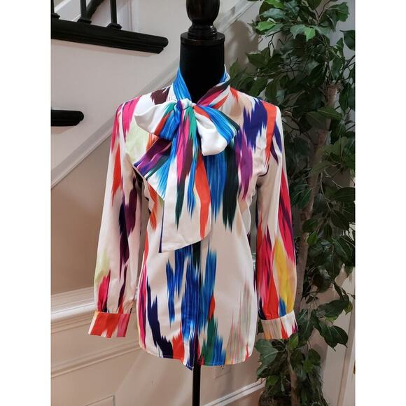 Gracia Women's Multicolor 100% Polyester Collared Long Sleeve Top Blouse Small - Picture 1 of 10